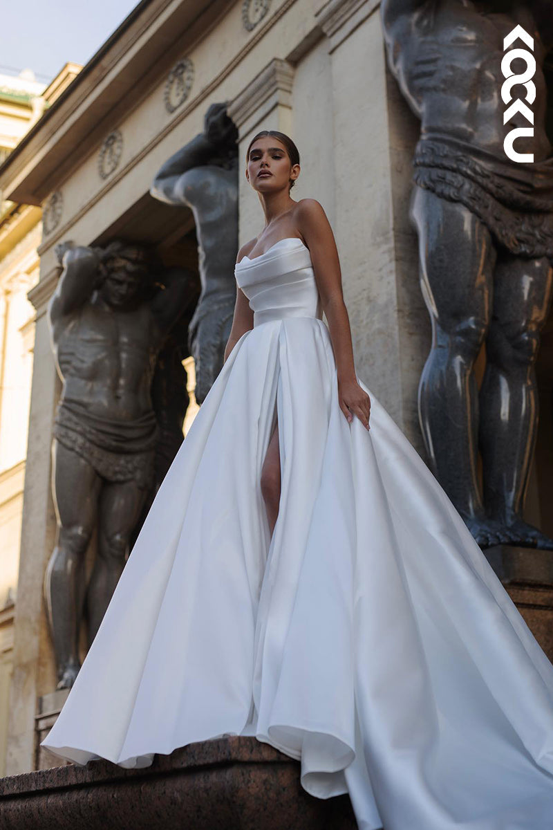 K2046 - Classic & Timeless Off-Shoulder Sleeveless A-line Satin Side Slit Wedding Dress