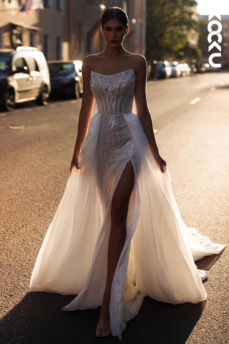 K2049 - Gorgeous & Charming Scoop A-Line Tulle Beaded Slit Wedding Dress