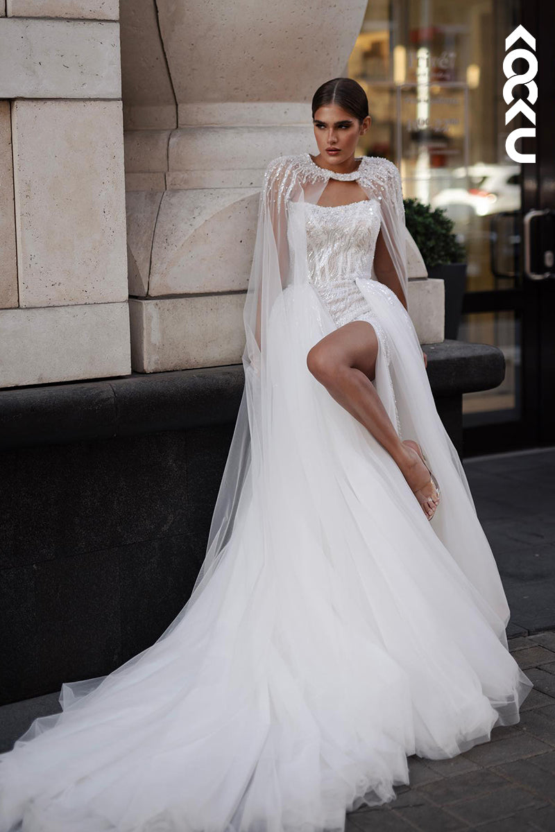 K2049 - Gorgeous & Charming Scoop A-Line Tulle Beaded Slit Wedding Dress