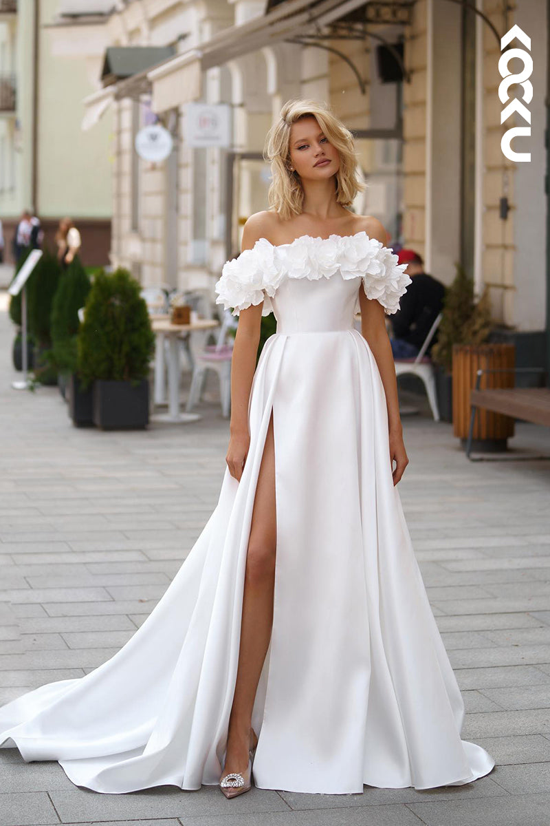 K2042 - Couture & Ornate Off-Shoulder A-line Side Slit Satin Wedding Dress