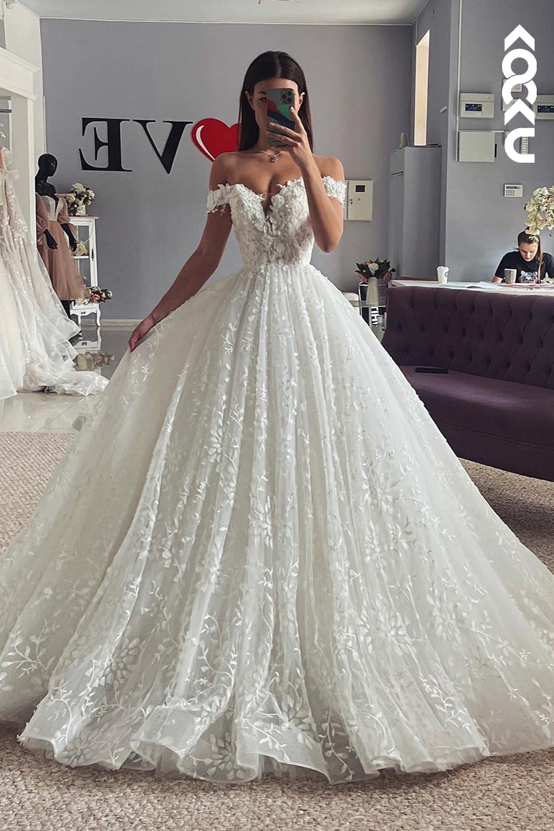 K1871 - Glamorous & Dramatic Off-Shoulder Cap Sleeves Ball Gown Wedding Dress