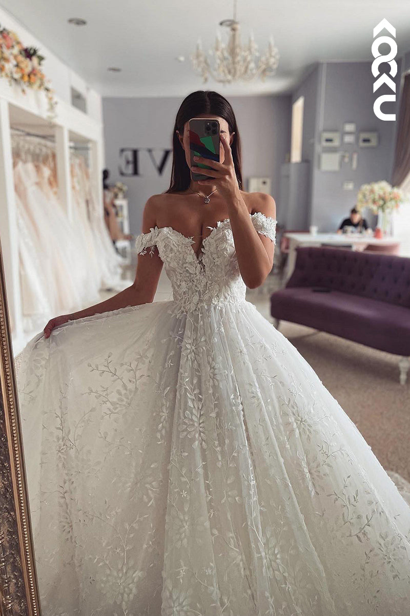 K1871 - Glamorous & Dramatic Off-Shoulder Cap Sleeves Ball Gown Wedding Dress