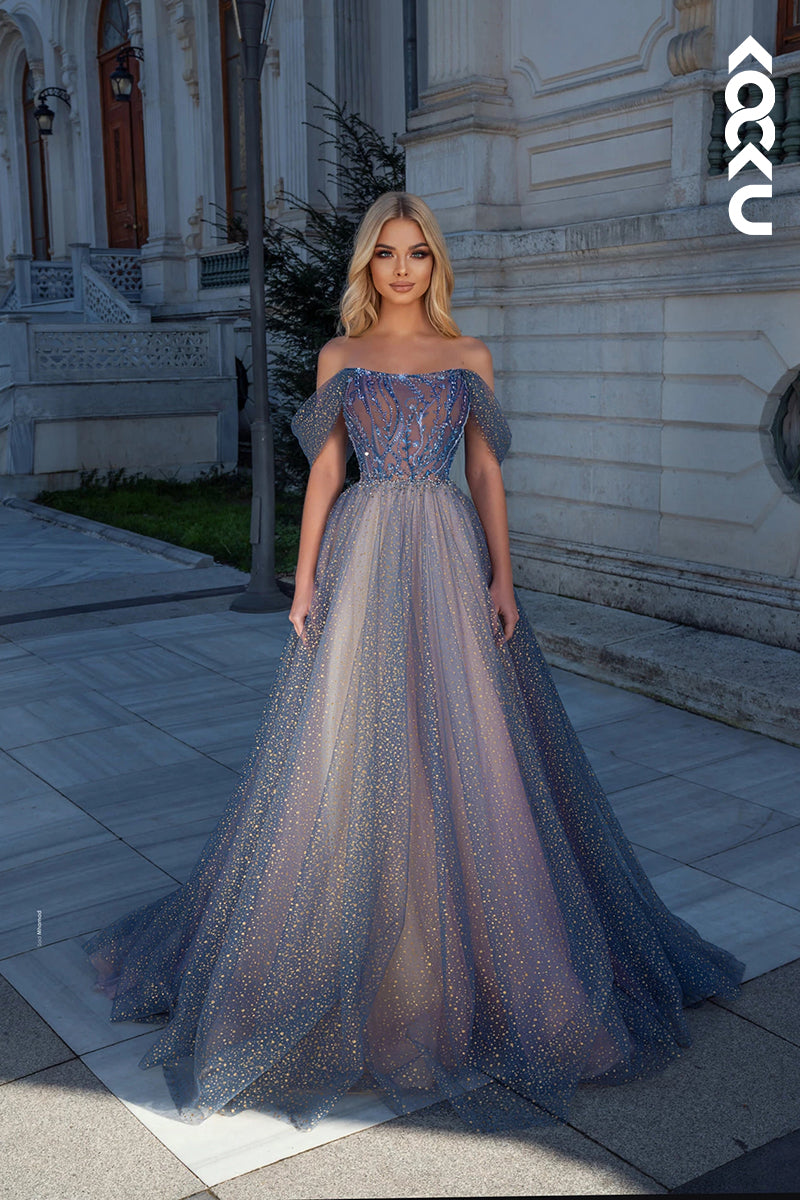 L2498 - Couture & Ornate Off-Shoudler Cap Sleeves A-line Tulle Sparkly Prom Dress