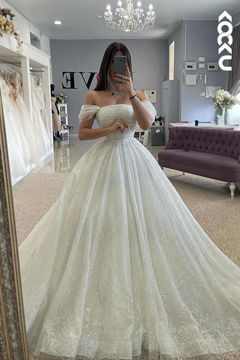 K2033 - Gorgeous & Charming Off-Shoulder Cap Sleeves A-line Sparkly Wedding Dress