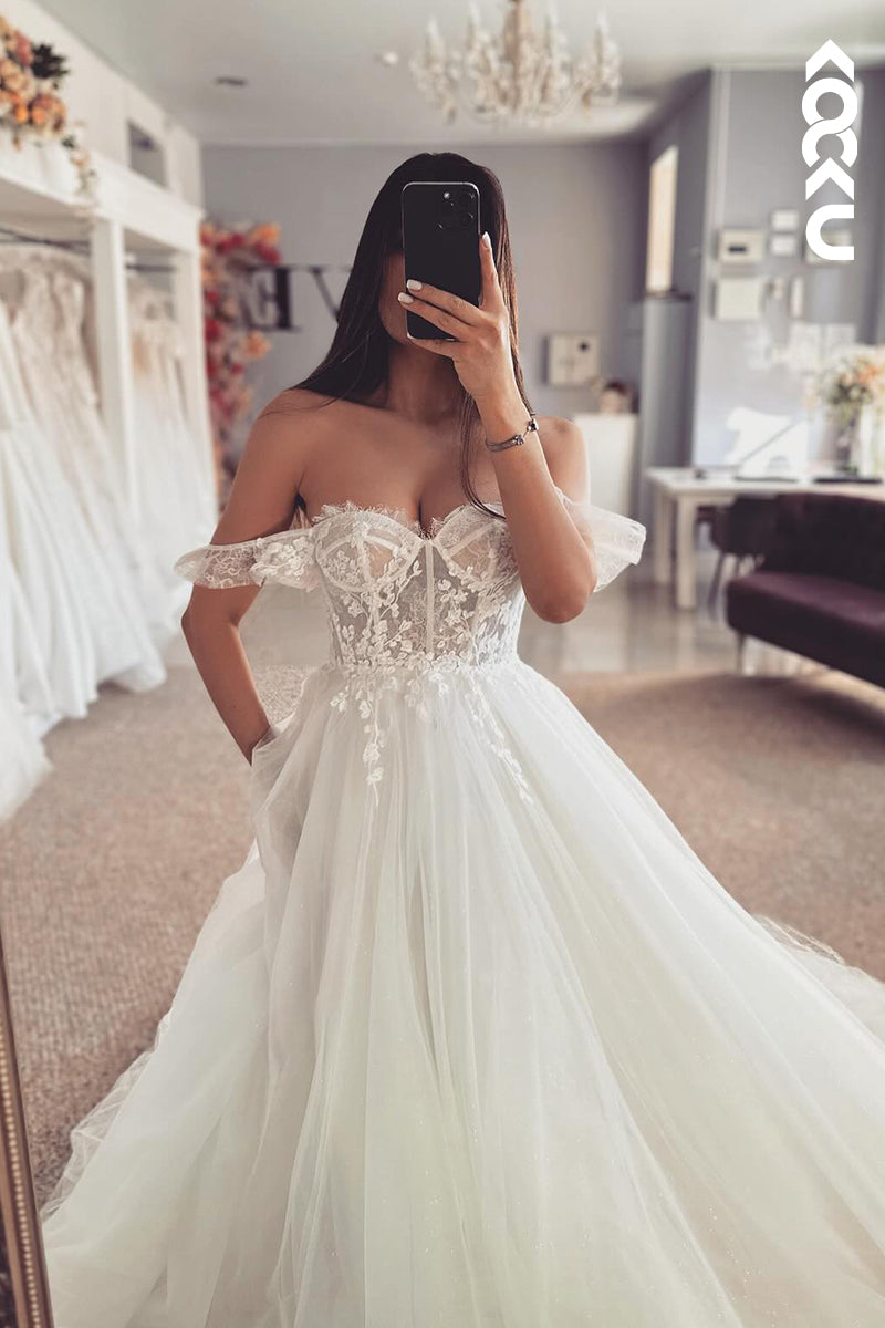 K2069 - Couture & Ornate Off-Shoulder Cap Sleeves Applique Tulle Wedding Dress