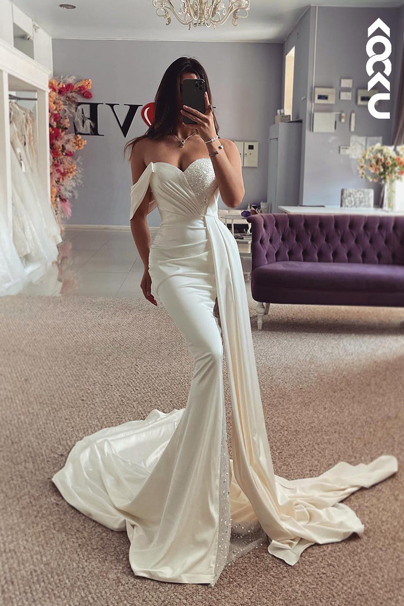 K2034 - Classic & Timeless Off-Shoulder Cap Sleeves Mermaid Satin Wedding Dress