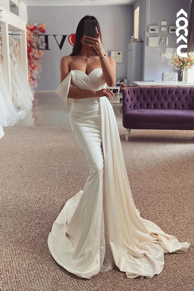 K2034 - Classic & Timeless Off-Shoulder Cap Sleeves Mermaid Satin Wedding Dress