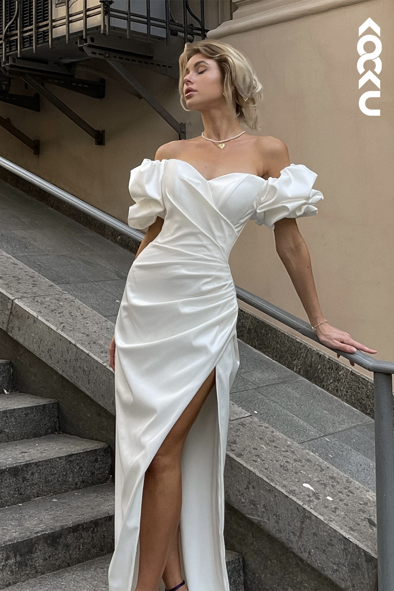 K1910 - Couture & Ornate Cap Sleeves Off-Shoulder Sheath Ruched Side Slit Wedding Dress