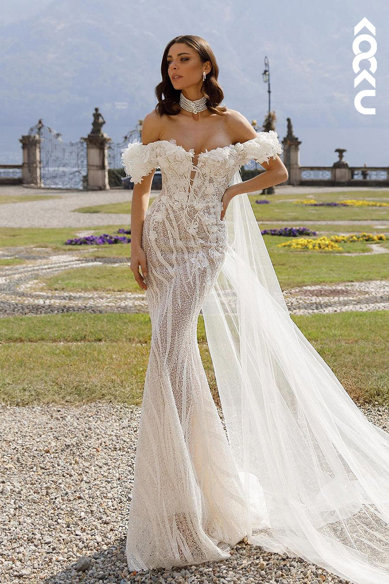 K1938 - Couture & Ornate Off-Shoulder Cap Sleeves Sheath Applique Wedding Dress