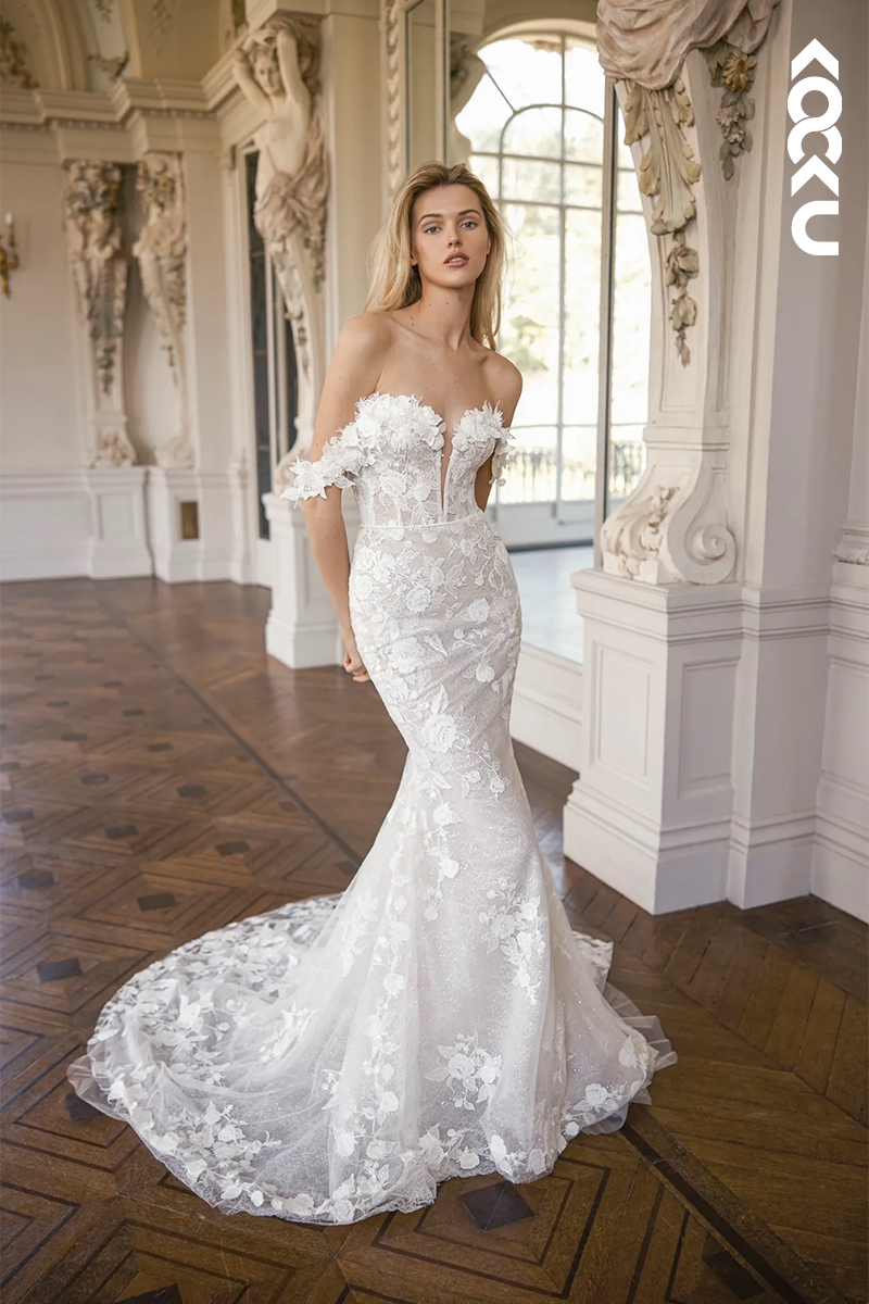 K1913 - Gorgeous & Charming V-Neck Cap Sleeves Mermaid Lace Applique Wedding Dress