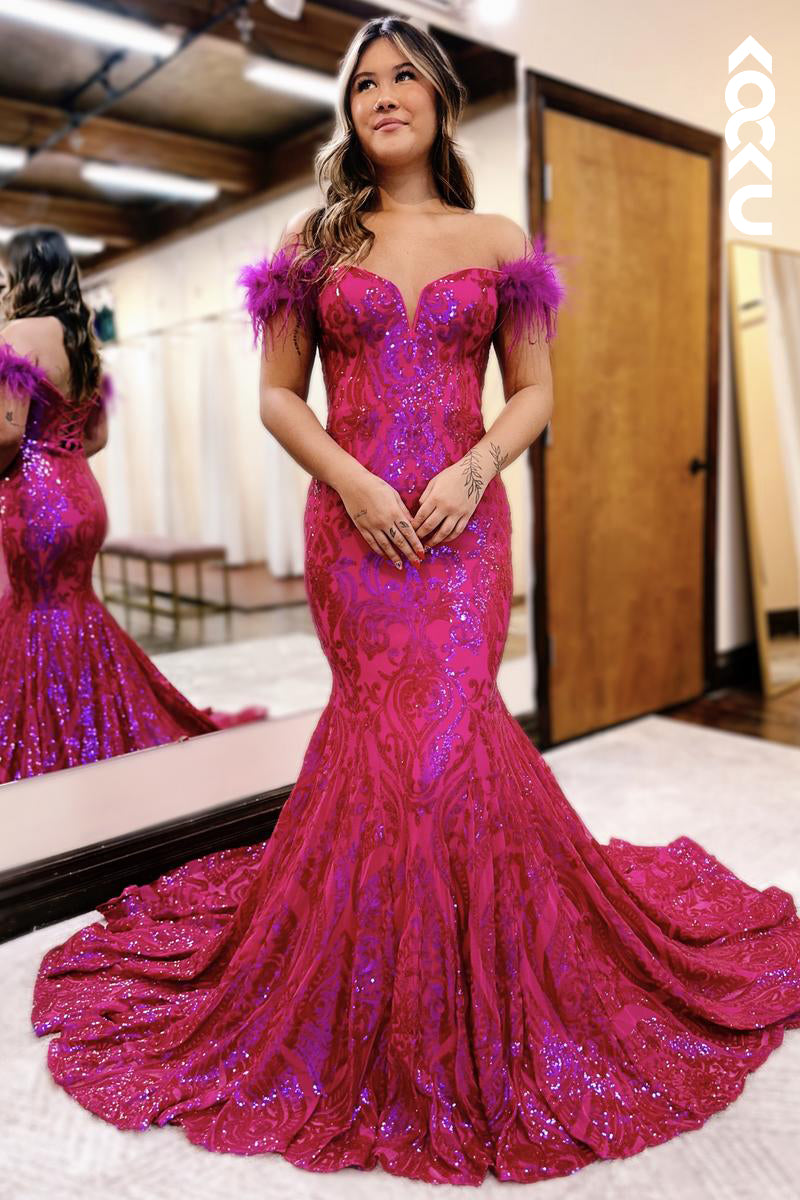 L2583 - Gorgeous & Charming Off-Shoulder Cap Sleeves Sequins Mermaid Evening Party Prom Dress