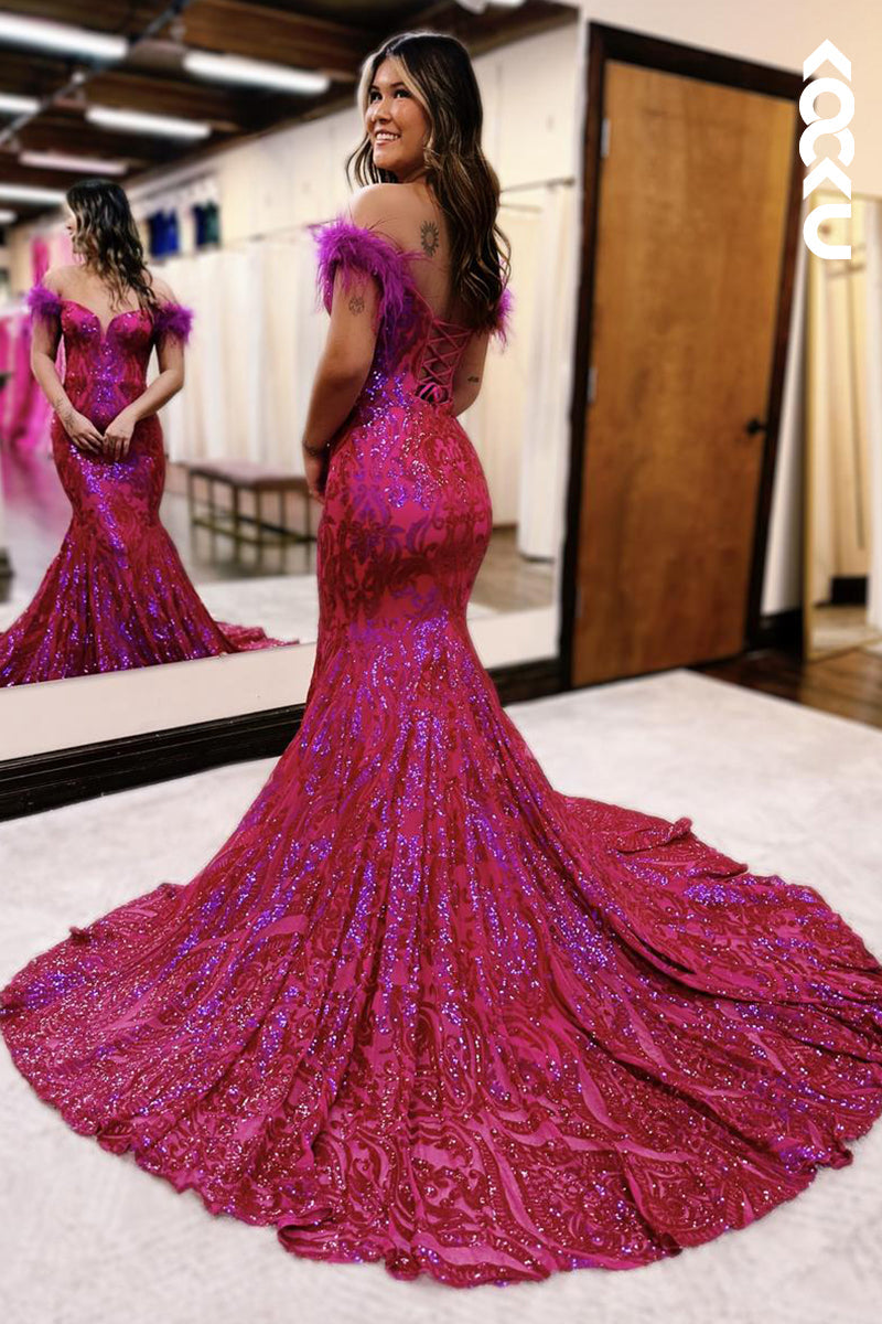 L2583 - Gorgeous & Charming Off-Shoulder Cap Sleeves Sequins Mermaid Evening Party Prom Dress