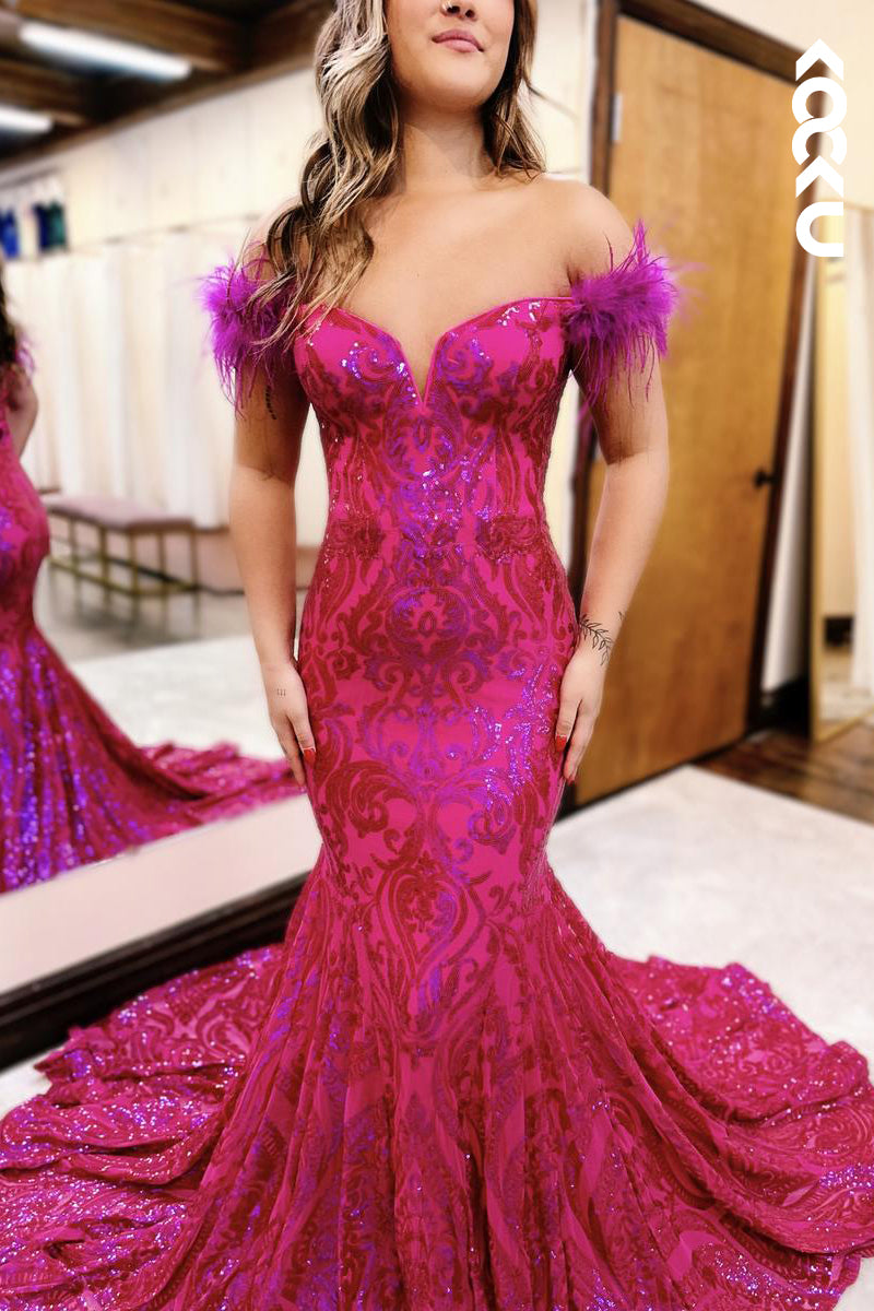 L2583 - Gorgeous & Charming Off-Shoulder Cap Sleeves Sequins Mermaid Evening Party Prom Dress