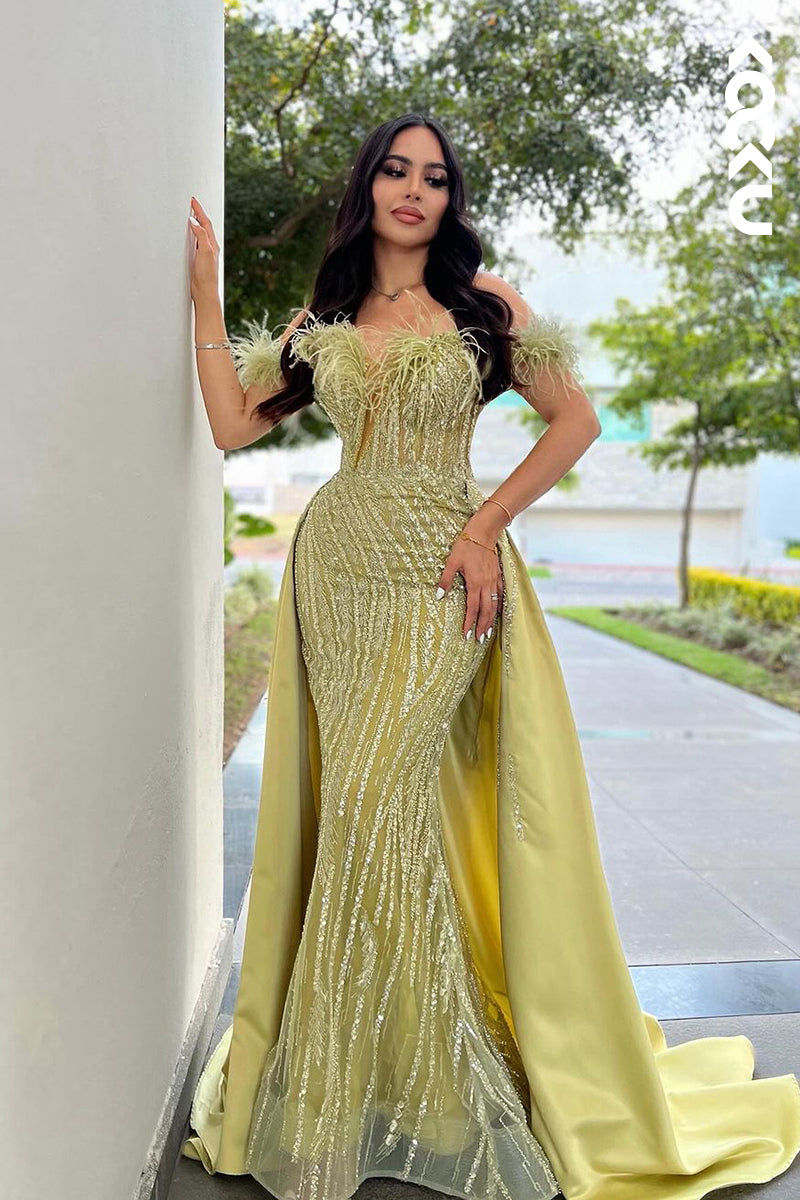 L2354 - Elegant & Luxurious Off-Shoulder Cap Sleeves Mermaid Sequined Party Prom Dress