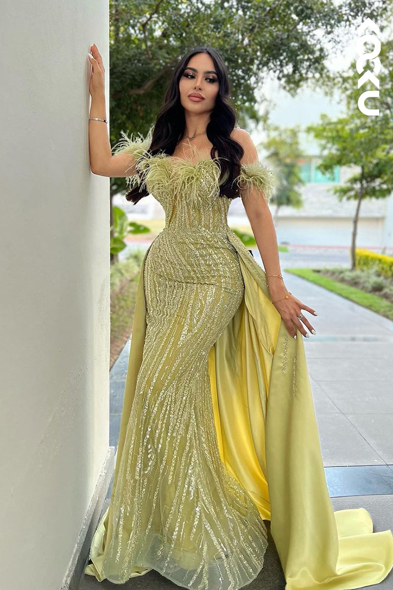 L2354 - Elegant & Luxurious Off-Shoulder Cap Sleeves Mermaid Sequined Party Prom Dress