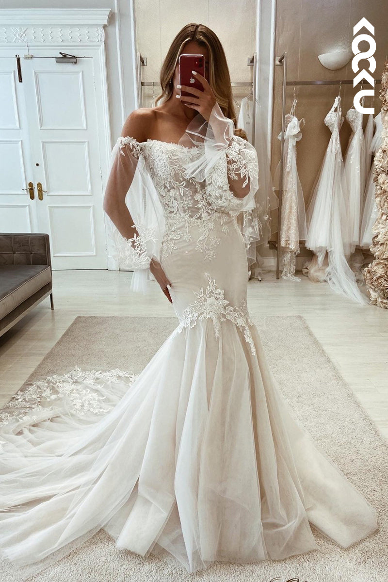 K1989 - Gorgeous & Charming Off-Shoulder Long Sleeves Mermaid Applique Wedding Dress