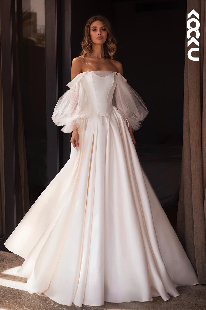 K2041 - Classic & Timeless Off-Shoulder Long Sleeves A-line Ruched Satin Wedding Dress