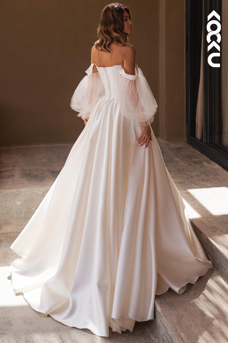 K2041 - Classic & Timeless Off-Shoulder Long Sleeves A-line Ruched Satin Wedding Dress