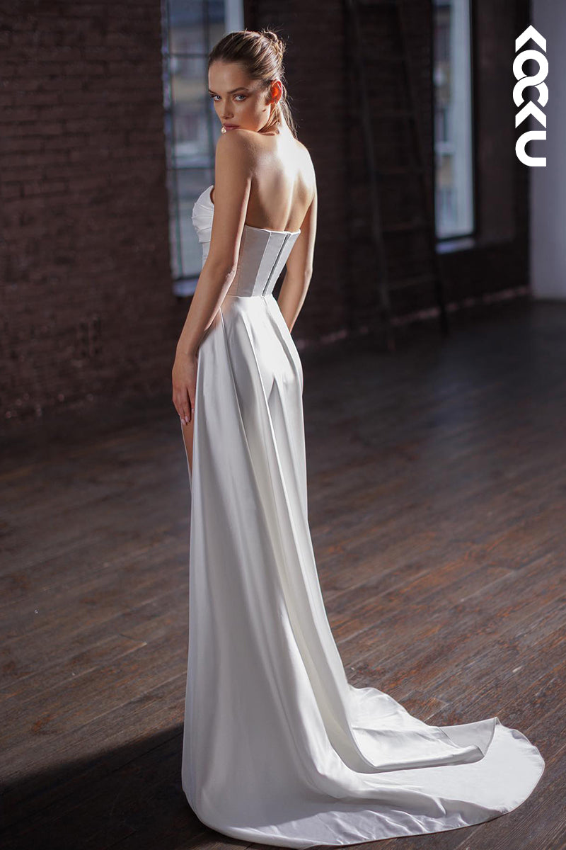 K2021 - Classic & Timeless Sleeveless Strapless Side Slit Sheath Ruched Wedding Dress