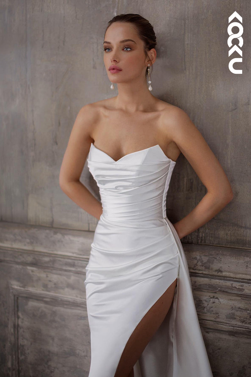 K2021 - Classic & Timeless Sleeveless Strapless Side Slit Sheath Ruched Wedding Dress