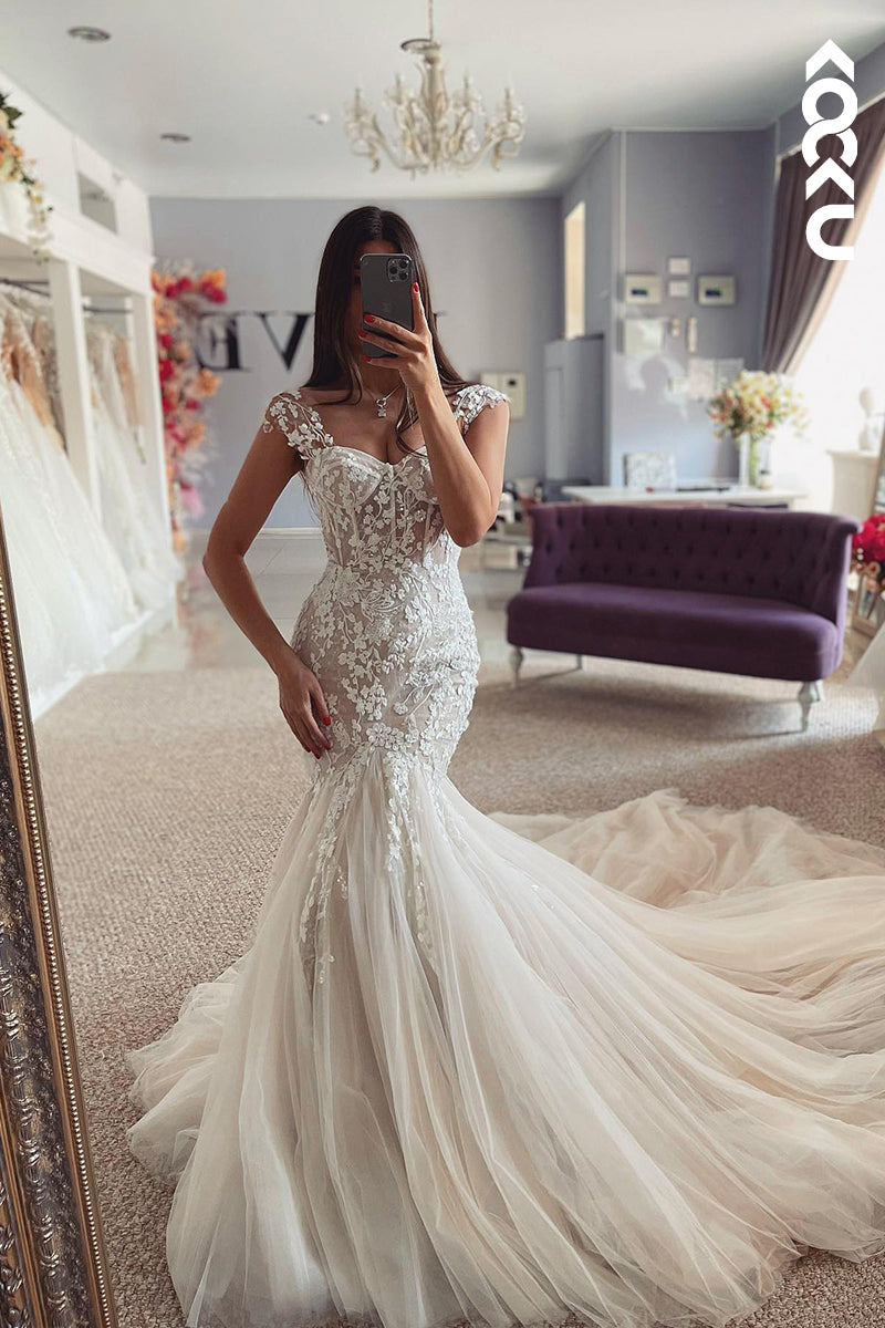 K2054 - Gorgeous & Charming Straps V-neck Applique Mermaid Tulle Wedding Dress