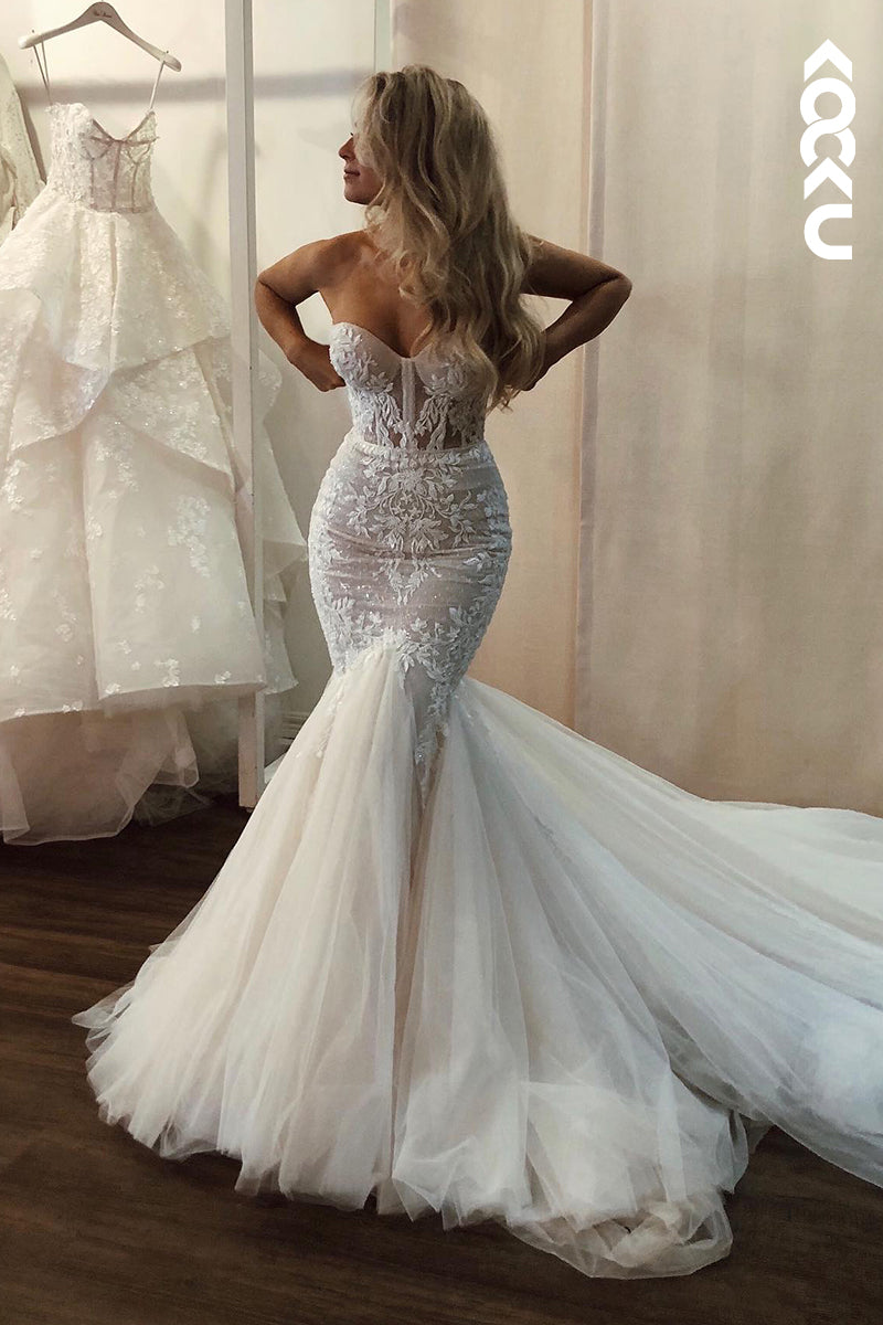 K1880 - Couture & Ornate Off-Shoulder Sleeveless Mermaid Tulle Wedding Dress With Applique