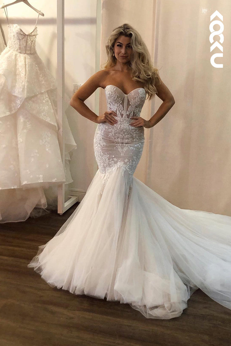 K1880 - Couture & Ornate Off-Shoulder Sleeveless Mermaid Tulle Wedding Dress With Applique