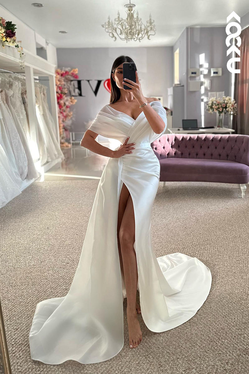 K2061 - Simple & Casual V-neck Cap Sleeves Mermaid Ruched Side Slit Wedding Dress