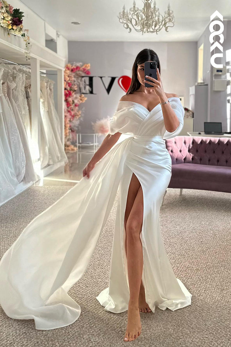 K2061 - Simple & Casual V-neck Cap Sleeves Mermaid Ruched Side Slit Wedding Dress