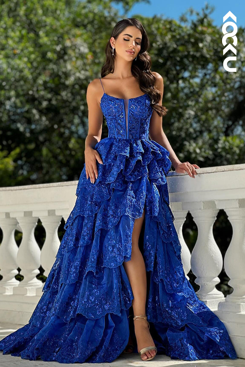 L3043 - Couture & Ornate A-Line Spaghetti Straps Square Side Slit Applique Evening Prom Dress