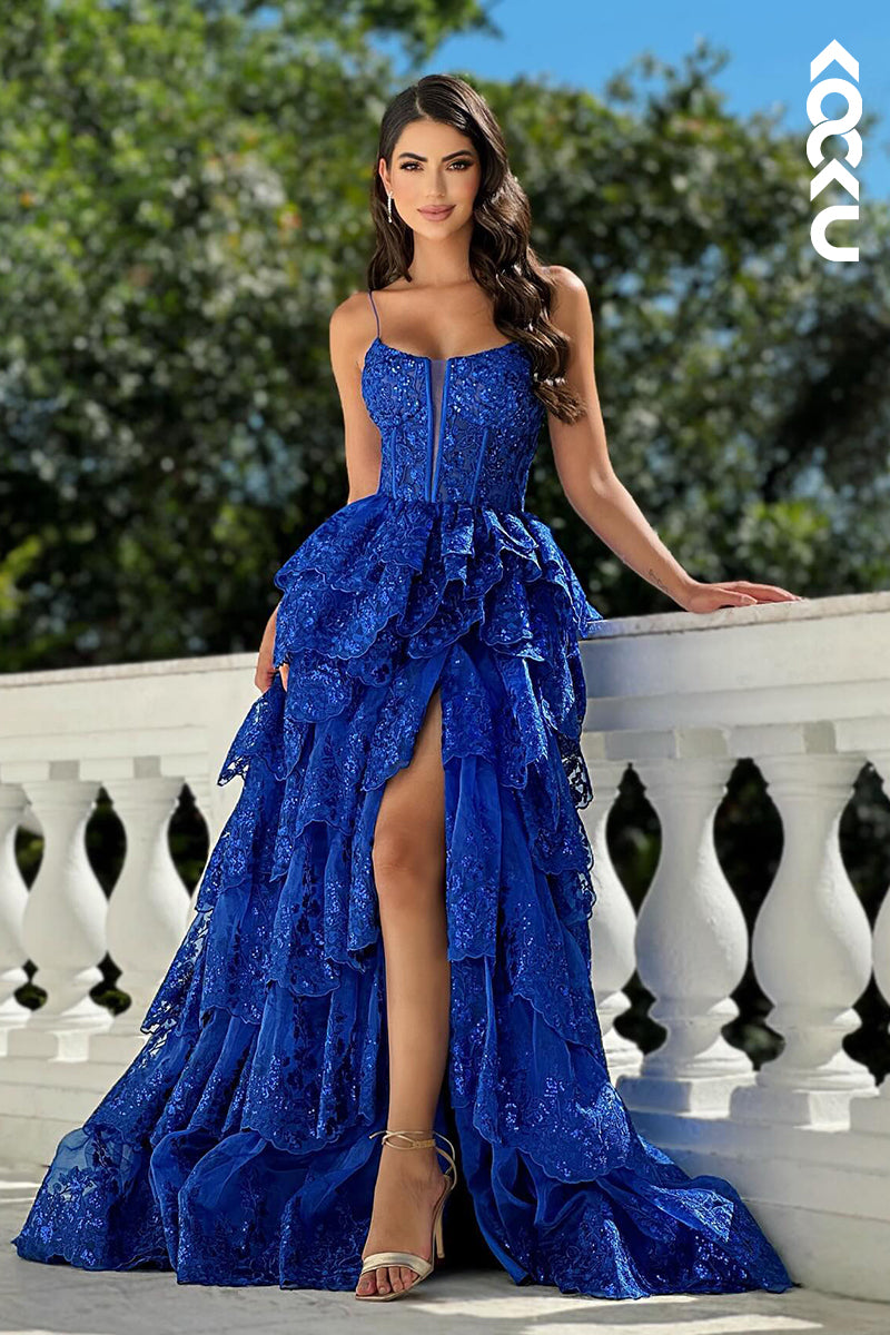 L3043 - Couture & Ornate A-Line Spaghetti Straps Square Side Slit Applique Evening Prom Dress