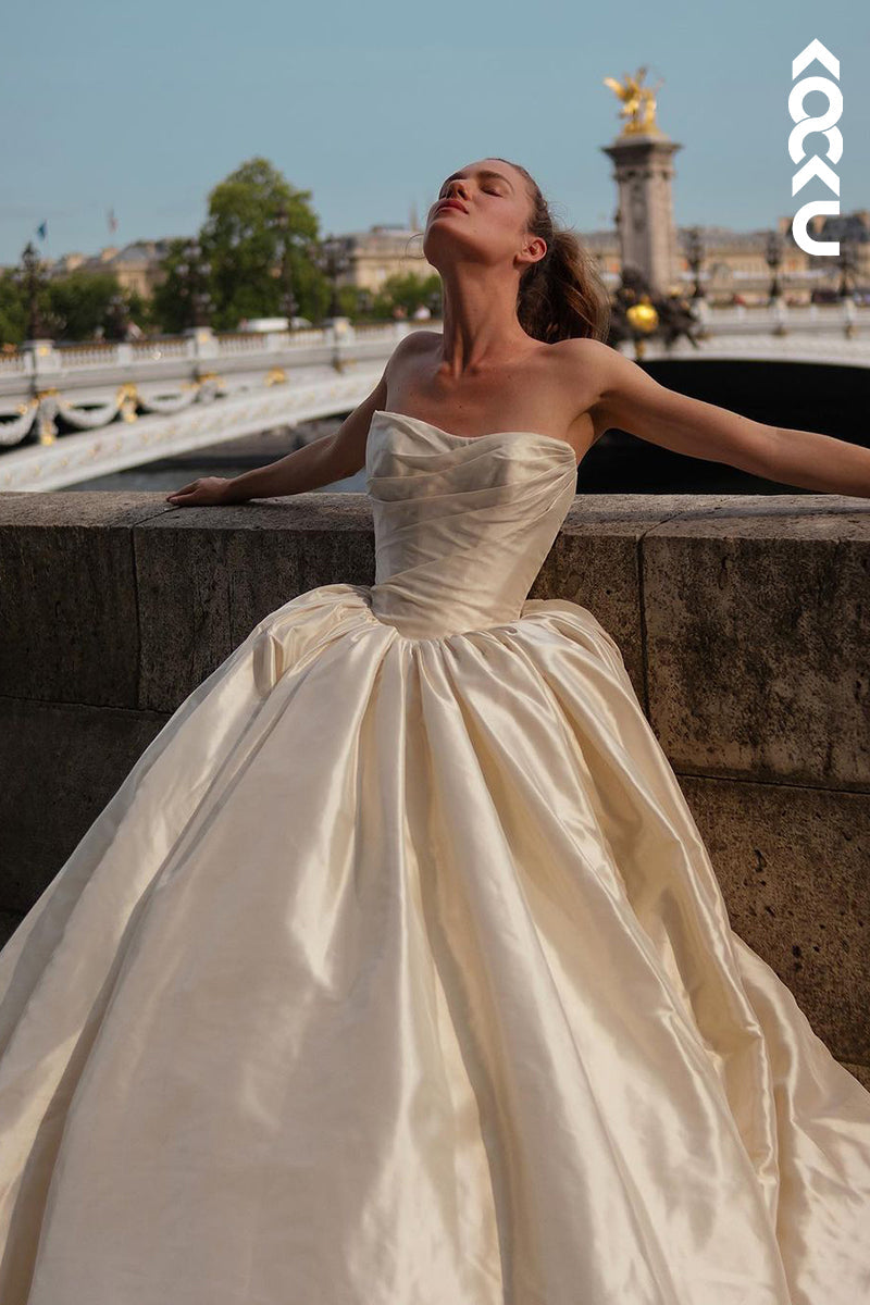 K1947 - Elegant & Luxurious Off-Shoulder Sleeveless Ballgown A-line Satin Wedding Dress