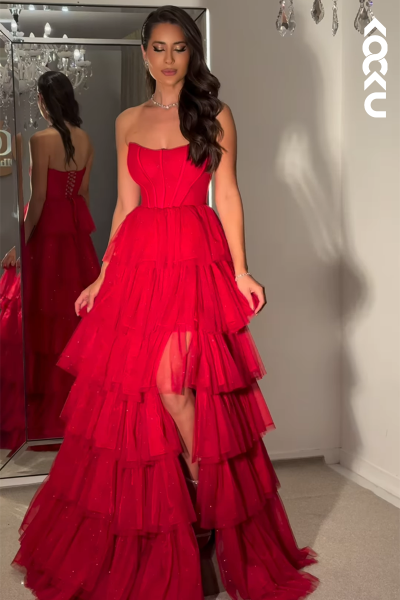 L2215 - Simple Off-Shoulder Sleeveless Long A line Tiered tulle Party Prom Dress With Slit