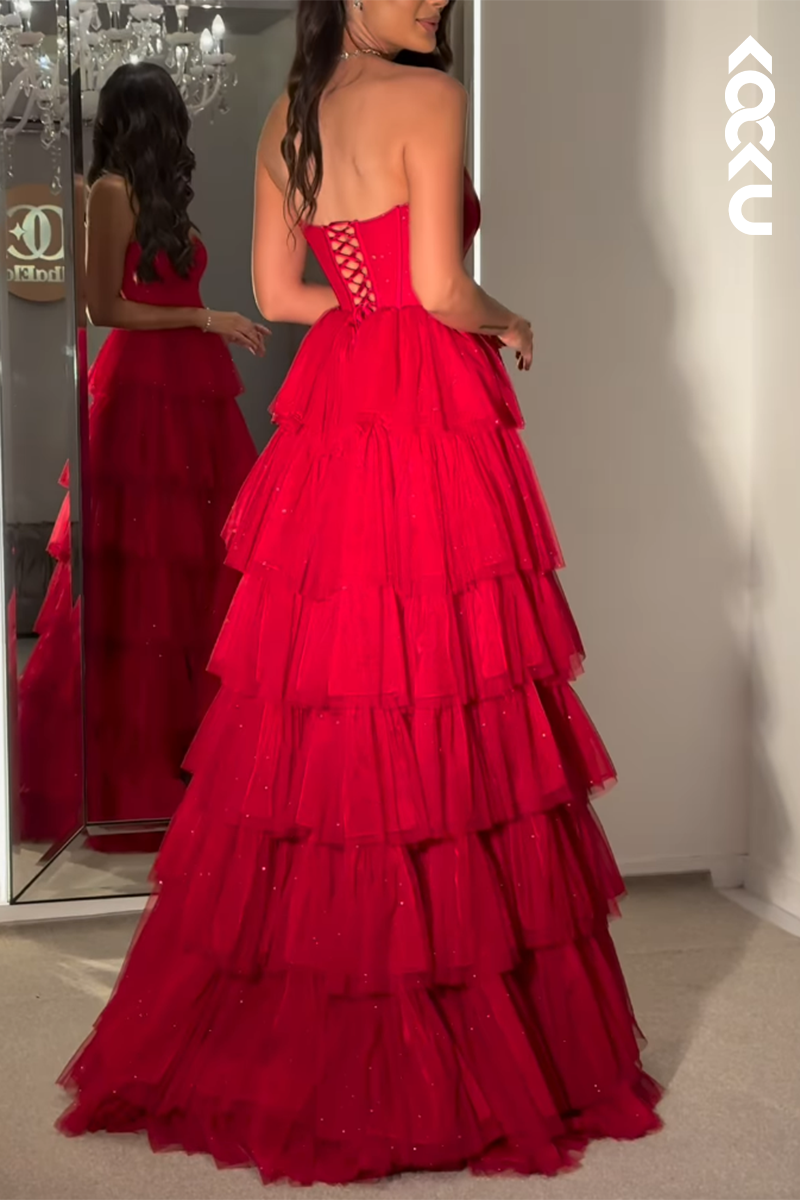 L2215 - Simple Off-Shoulder Sleeveless Long A line Tiered tulle Party Prom Dress With Slit