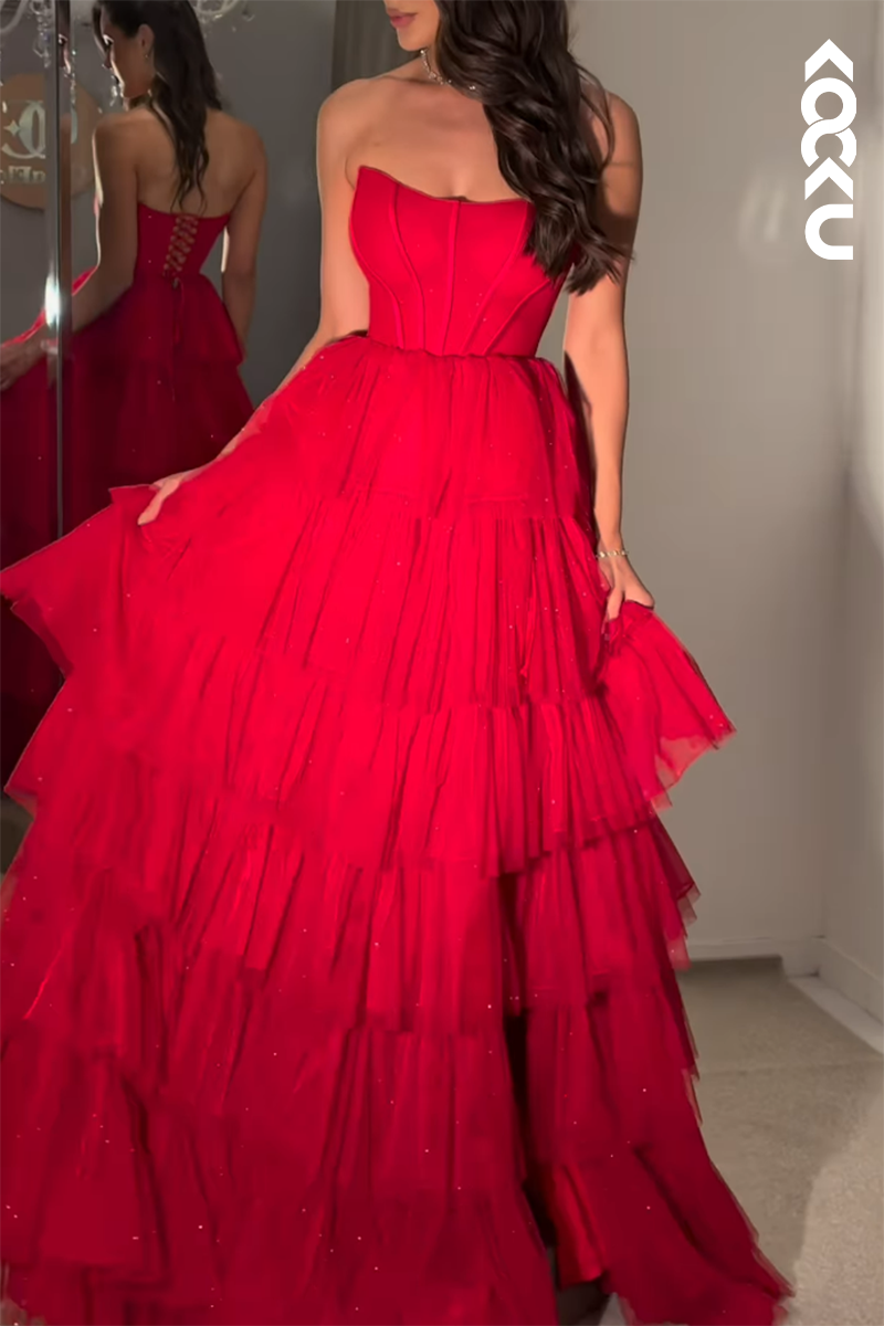 L2215 - Simple Off-Shoulder Sleeveless Long A line Tiered tulle Party Prom Dress With Slit