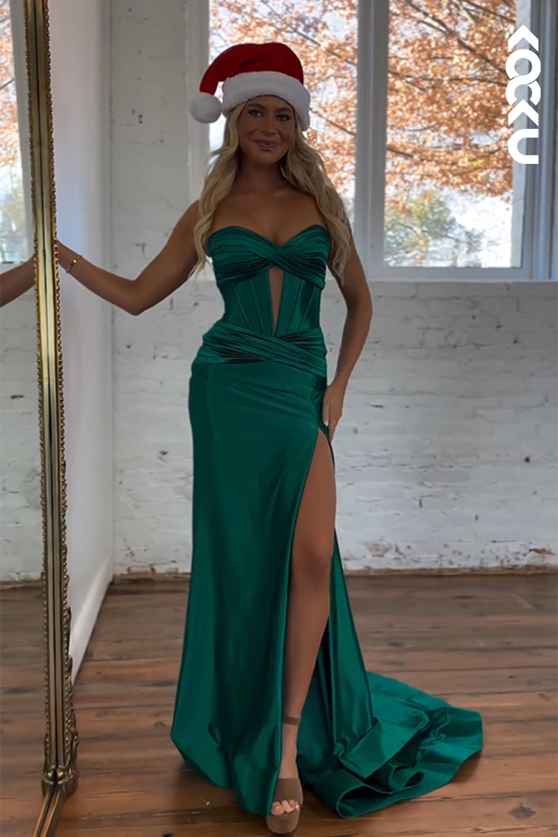 L2556 - Simple & Casual Off-Shoulder Sleeveless Sheath Side Slit Foemal Party Prom Dress