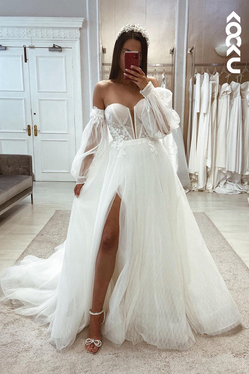 K1991 - Glamorous & Dramatic Off-Shoulder Sleeveless A-Line Tulle Wedding Dress