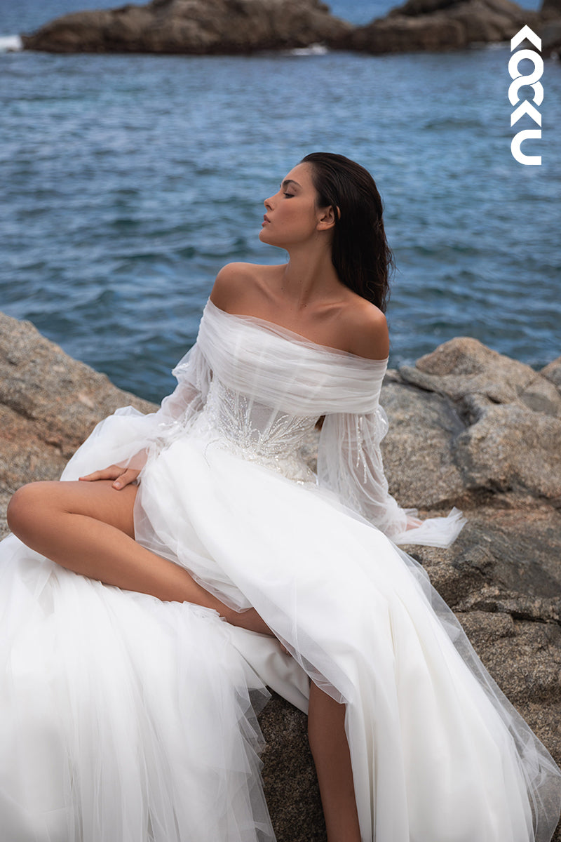 K1986 - Classic & Timeless Off-Shoulder A-line Sleeveless Wedding Tulle Wedding Dress