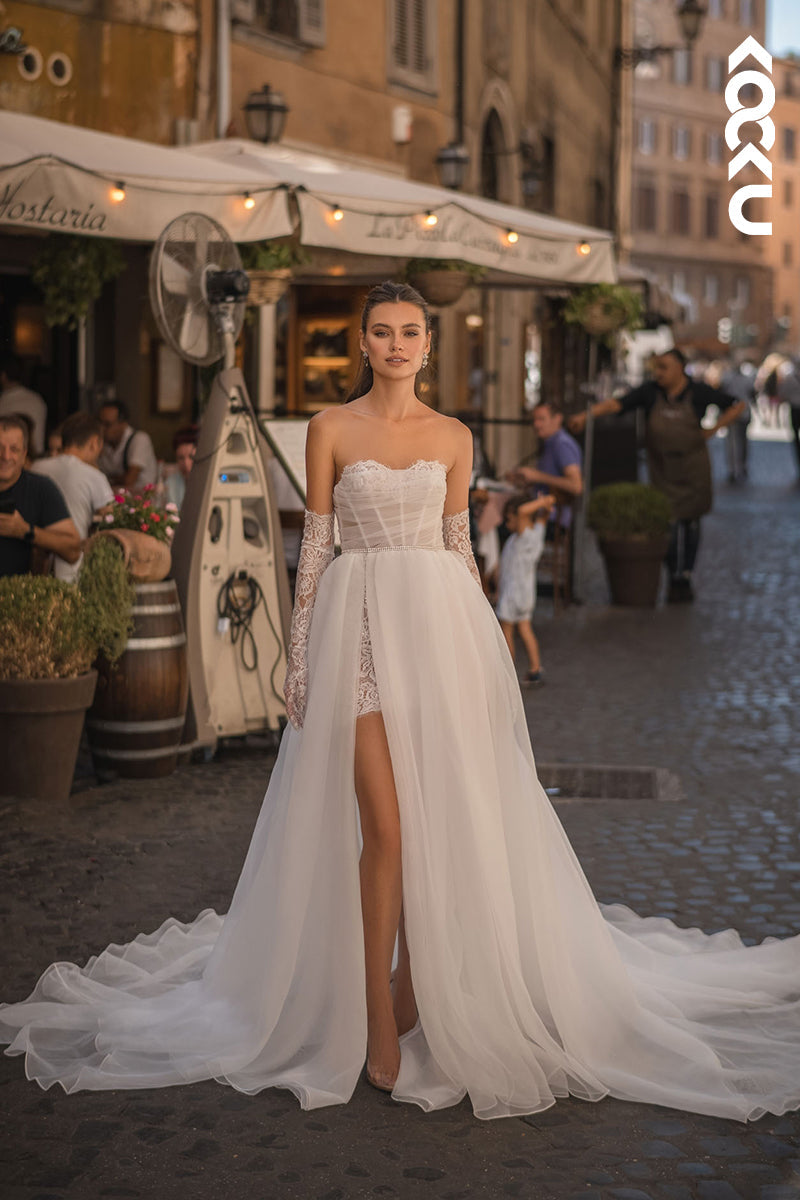 K1912 - Simple & Elegant Off-Shoulder Sleeveless Side Slit A-Line Tulle Wedding Dress