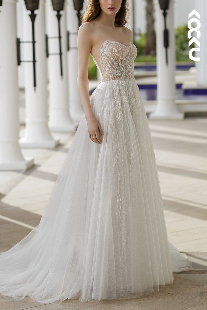 K2082 - Gorgeous & Charming Off-Shoulder A-Line Beaded Sleeveless Wedding Dress