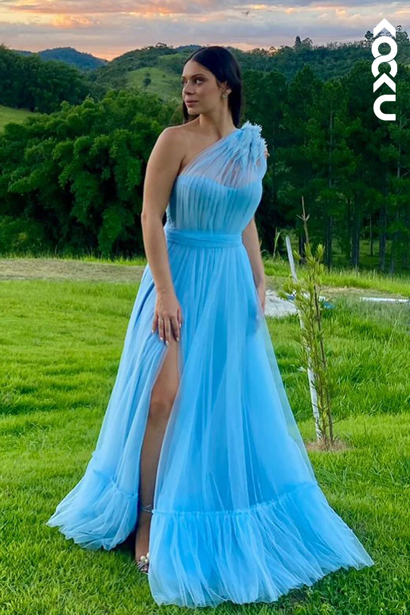 L2845 - Gorgeous & Charming One Shoudler Sleeveless A-line Side Slit Tulle Prom Dress