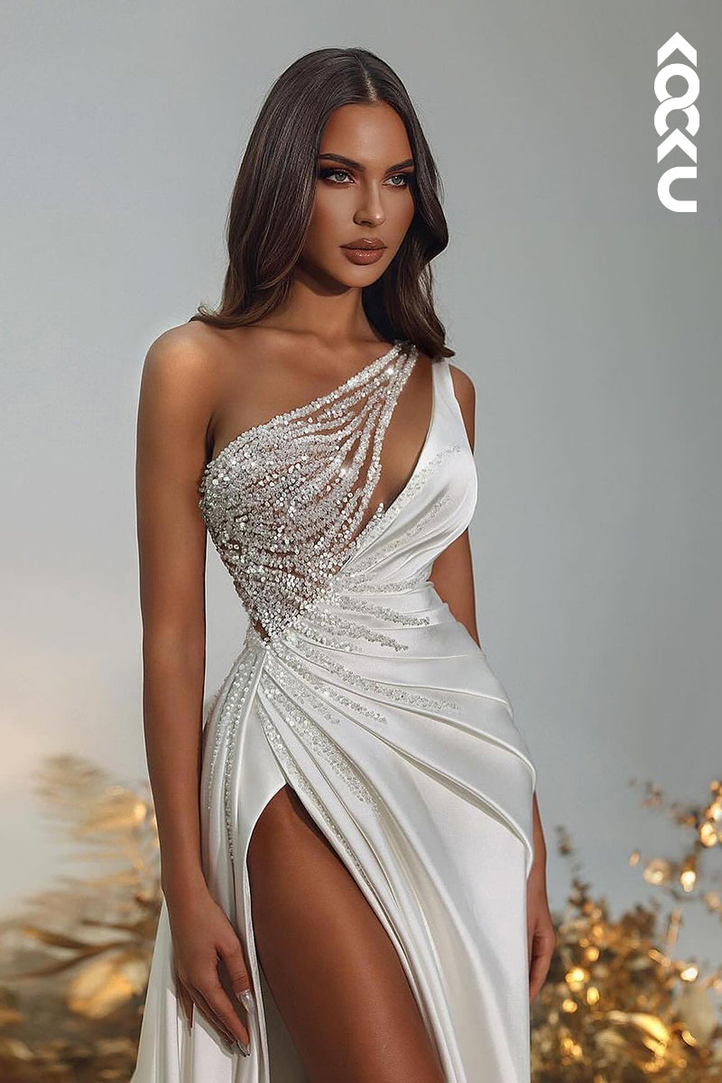 K2078 - Couture & Ornate One Shoulder Side Slit A-line Satin Wedding Dress With Beaded