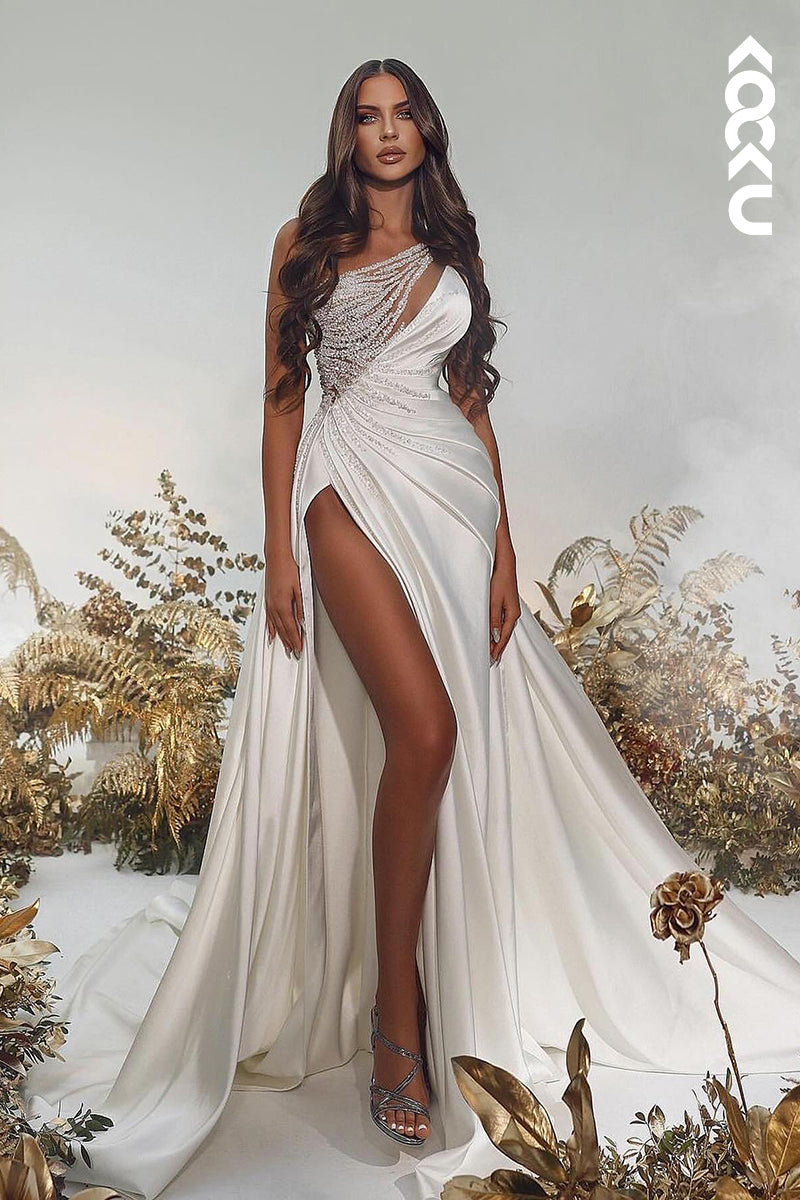 K2078 - Couture & Ornate One Shoulder Side Slit A-line Satin Wedding Dress With Beaded