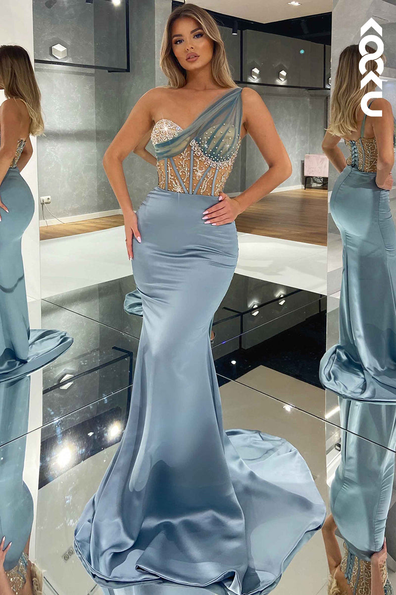 L2432 - Glamorous & Dramatic One shoulder Sleeveless Mermaid Formal Prom Dress With Rhinestone