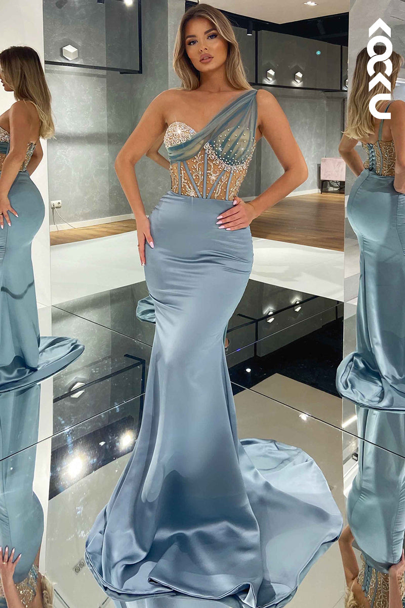 L2432 - Glamorous & Dramatic One shoulder Sleeveless Mermaid Formal Prom Dress With Rhinestone