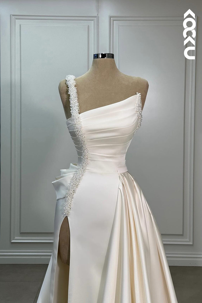 K2025 - Elegant & Luxurious One Shoulder Sleeveless A-line Ruched Slit Wedding Dress