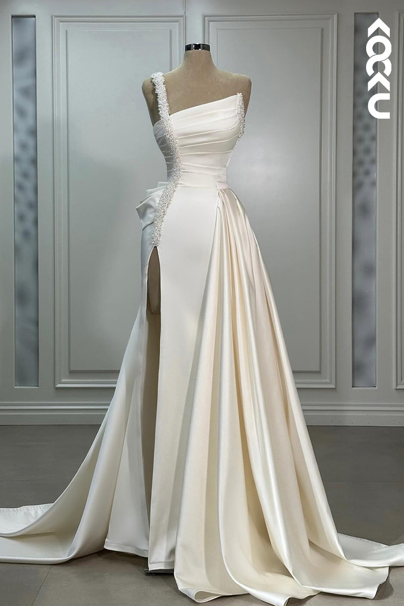 K2025 - Elegant & Luxurious One Shoulder Sleeveless A-line Ruched Slit Wedding Dress