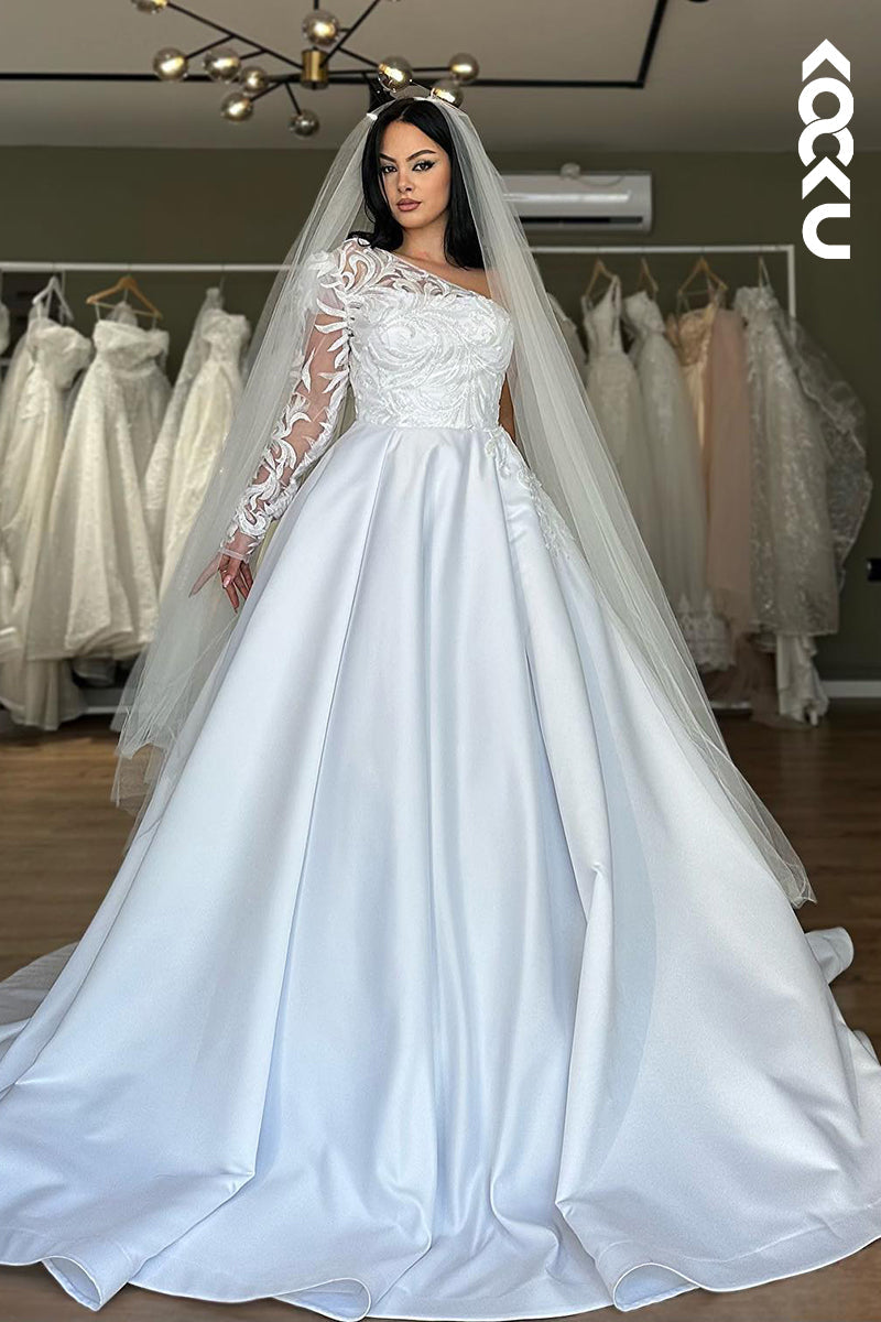 K2074 - Elegant & Luxurious One Shoulder Long Sleeves A-line Satin Wedding Dress