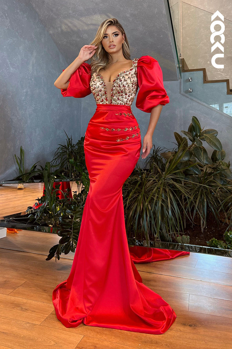 L2455 - Sexy Red Deep V-Neck Puff Sleeves Ruched Mermaid Formal Party Prom Dress