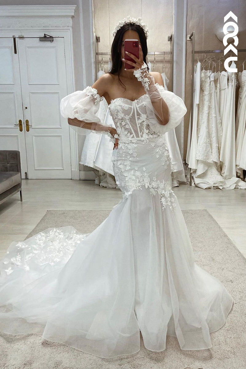 K1997 - Elegant & Luxurious Off-Shoulder Puff Sleeves Mermaid Tulle Applique Wedding Dress